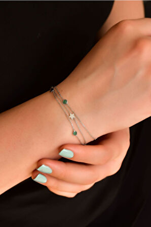 925 Ayar Gümüş Rodyum Kaplama Mat Yeşil Taşlı Yıldız Zincir Bileklik