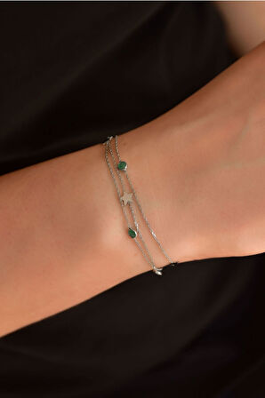 925 Ayar Gümüş Rodyum Kaplama Mat Yeşil Taşlı Yıldız Zincir Bileklik