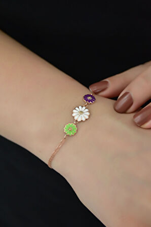 925 Ayar Gümüş Rose Kaplama 3 Renk Mineli Papatya Bileklik