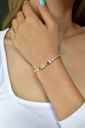 925 Ayar Gümüş Altın Kaplama Renkli Taşlı Baget Bileklik