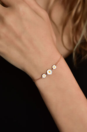 925 Ayar Gümüş Rose Kaplama Mineli Papatya Kadın Bileklik