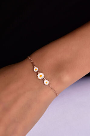 925 Ayar Gümüş Rose Kaplama Mineli Papatya Kadın Bileklik