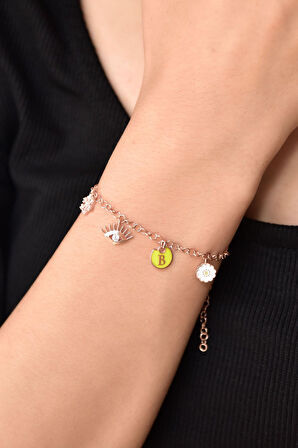 925 Ayar Gümüş Kartanesi Göz Harf Papatya Şans Bileklik