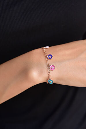 Gümüş Rose Kaplama Renkli Mineli Papatya Bileklik 925 Ayar