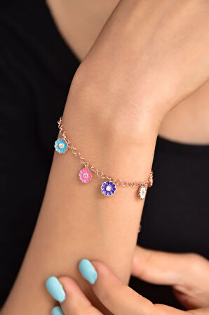 Gümüş Rose Kaplama Renkli Mineli Papatya Bileklik 925 Ayar