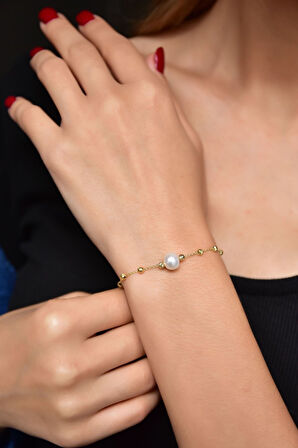 925 Ayar Gümüş Altın Kaplama Dorika Toplu Incili Bileklik