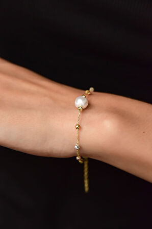 925 Ayar Gümüş Üç Renk Dorika Toplu Incili Kadın Bileklik