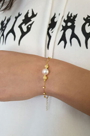 925 Ayar Gümüş Altın Kaplama Sim Dorika Toplu Inci Kadın Bileklik