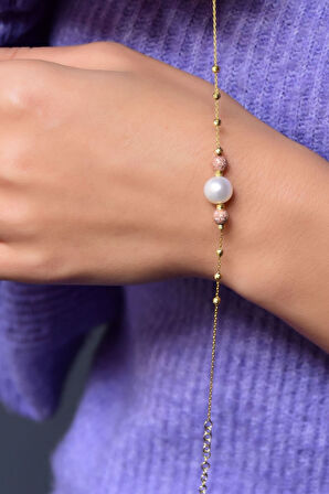 925 Ayar Gümüş 2 Renk Sim Dorika Toplu Inci Kadın Bileklik