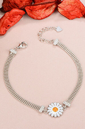 925 Ayar Gümüş Toplu Rodyum Kaplama Papatya Bileklik