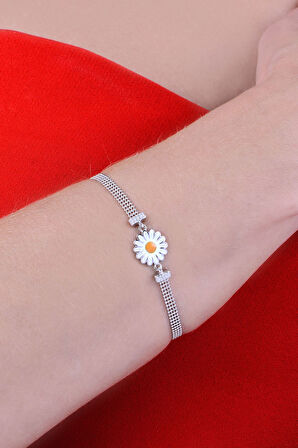 925 Ayar Gümüş Toplu Rodyum Kaplama Papatya Bileklik