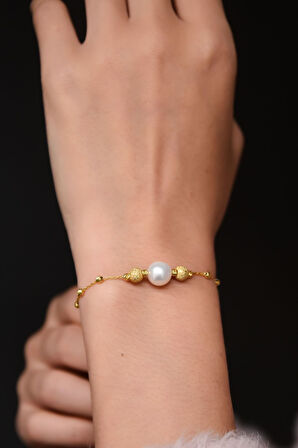 925 Ayar Gümüş Altın Kaplama Sim Dorika Toplu Inci Kadın Bileklik