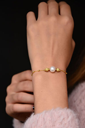 925 Ayar Gümüş Altın Kaplama Sim Dorika Toplu Inci Kadın Bileklik