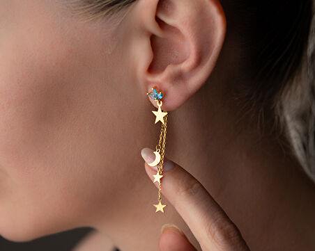 925 Ayar Yıldız  Figürlü Ay Yıldız Sallantılı Doğum Taşlı Küpe 