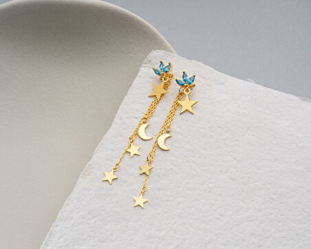 925 Ayar Yıldız  Figürlü Ay Yıldız Sallantılı Doğum Taşlı Küpe 