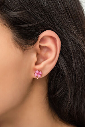 Pembe Buzlu Zirkon Taşlı Yonca Küpe. Rose Gold Kaplama 925 Ayar Gümüş - Uvps300077