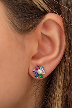 Incili Çiçek Küpe Mix Renkli Zirkon Taşlı. Rose Gold Kaplama 925 Ayar Gümüş