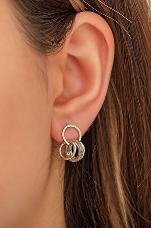 Üç Diskli Halka Küpe. Nano Zirkon Taşlı Rodyum Kaplama 925 Ayar Gümüş - Uvps300079