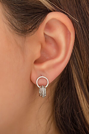 Üç Diskli Halka Küpe. Nano Zirkon Taşlı Rodyum Kaplama 925 Ayar Gümüş - Uvps300079