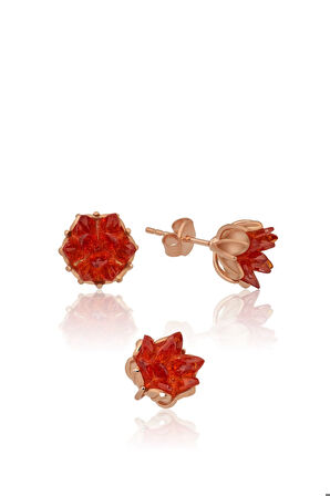 Lotus Çiçeği Küpe Garnet Kırmızı Taşlı Kadın Küpesi Uvps300096