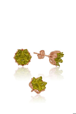 Lotus Çiçeği Küpe Olive Yeşil Taşlı Kadın Küpesi Uvps300098