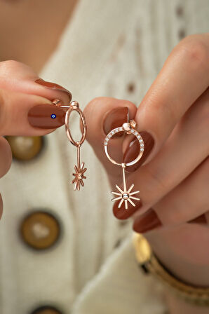 Zirkon Haklalı Güneş Sallantılı Küpe Rose Gümüş