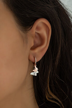 Çift Kelebek Sallantılı Küpe Kalemli Rodyum Ve Rose Kaplama Gümüş