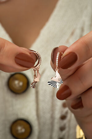 Çift Kelebek Sallantılı Küpe Kalemli Rodyum Ve Rose Kaplama Gümüş