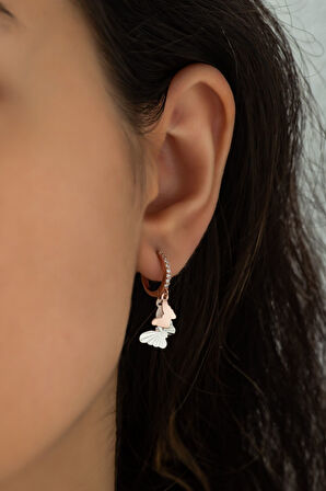 Çift Kelebek Sallantılı Küpe Kalemli Rodyum Ve Rose Kaplama Gümüş