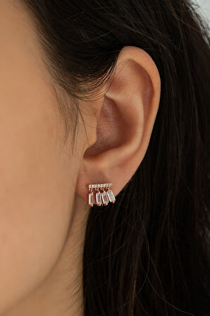 Dört Baget Taş Sallantılı Nano Zirkon Küpe Rose Kaplama Gümüş Uvps300128