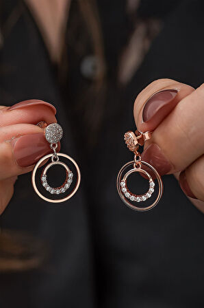 925 Ayar Rose Kaplama Çift Halka Taşlı Sallantılı Gümüş Küpe