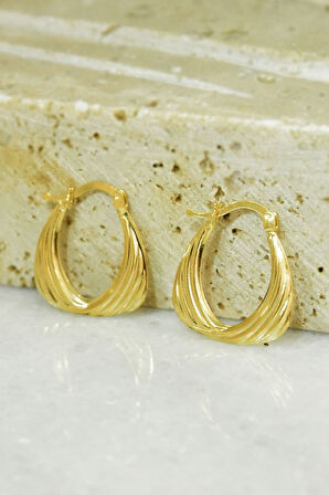 925 Ayar Gümüş Gold Kaplama Çizgili Drop Küpe