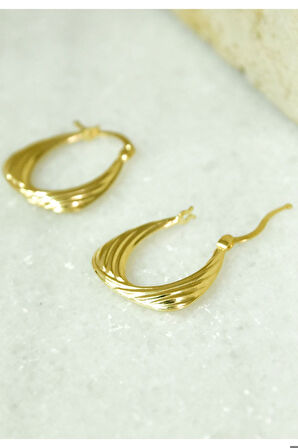 925 Ayar Gümüş Gold Kaplama Çizgili Drop Küpe