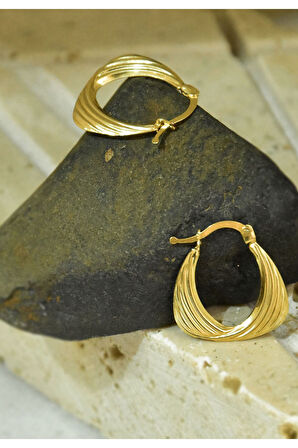 925 Ayar Gümüş Gold Kaplama Çizgili Drop Küpe