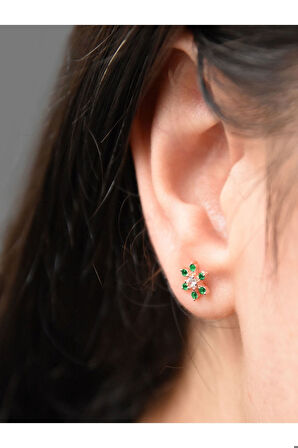 925 Ayar Rose Altın Kaplama Yeşil Zirkon Taşlı Çivili Küpe