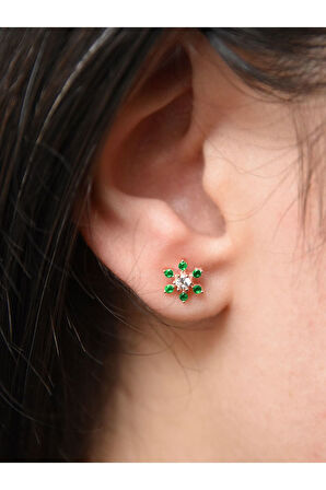 925 Ayar Rose Altın Kaplama Yeşil Zirkon Taşlı Çivili Küpe