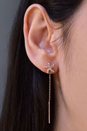 925 Ayar Gümüş Rose Altın Kaplama Yıldız Zincir Küpe