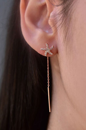 925 Ayar Gümüş Rose Altın Kaplama Yıldız Zincir Küpe