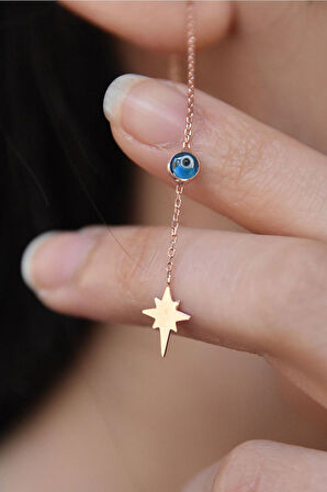 925 Ayar Gümüş Rose Kaplama Cam Göz Kutup Yıldızı Zincir Küpe Tekli