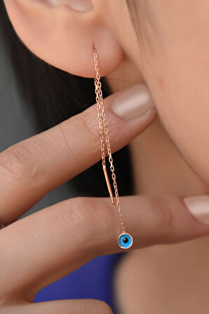 925 Ayar Gümüş Rose Kaplama Mavi Cam Göz Zincir Küpe Tekli