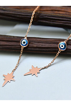 925 Ayar Gümüş Rose Kaplama Cam Göz Kutup Yıldızı Zincir Küpe Tekli