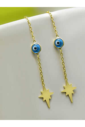 925 Ayar Gümüş Altın Kaplama Cam Göz Kutup Yıldızı Zincir Küpe Çift