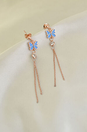 925 Ayar Gümüş Rose Kaplama Zincir Kelebek Küpe