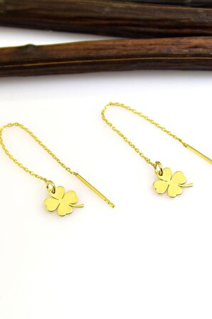 925 Ayar Gümüş Altın Kaplama Yonca Zincir Kadın Küpe