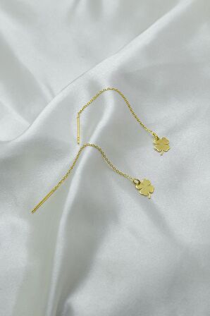 925 Ayar Gümüş Altın Kaplama Yonca Zincir Kadın Küpe