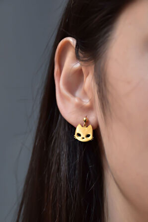 925 Ayar Gümüş Altın Kaplama Kedi Model Çivili Kadın Top Küpe