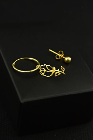 925 Ayar Gümüş Altın Kaplama Gül Figürlü Halka Ve Top Küpe