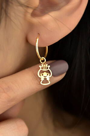 925 Ayar Gümüş Altın Kaplama Prenses Figürlü Halka Ve Top Küpe