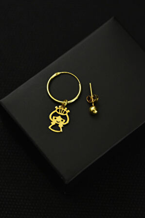 925 Ayar Gümüş Altın Kaplama Prenses Figürlü Halka Ve Top Küpe