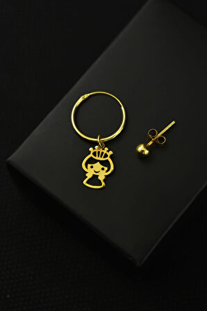 925 Ayar Gümüş Altın Kaplama Prenses Figürlü Halka Ve Top Küpe